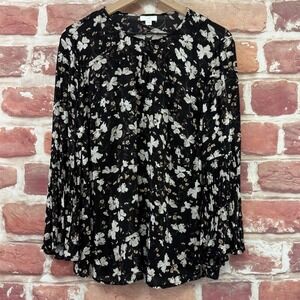 J Jill Top Women's M Black Multicolor Floral Chiffon Sheer Bell Sleeve Shirt